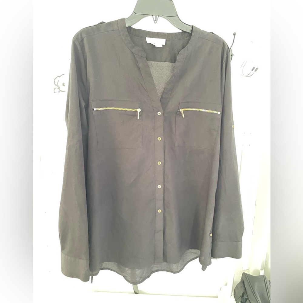 Calvin Klein women black office top blouse shirt gold large L